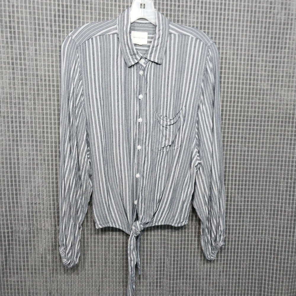 American Eagle Button Down Women Striped Tie Front Long Sleeve XS Blue
